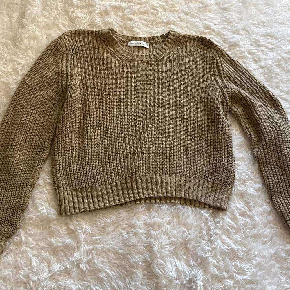 Zara Stitch Tan Cropped Knit Sweater Medium